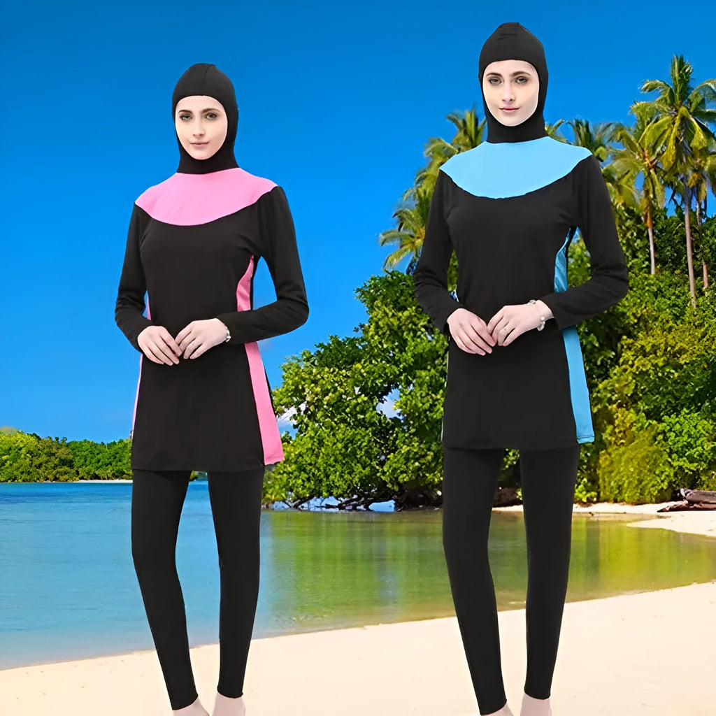 Conservative long sleeve hooded swimsuit top and pants set for women on a mannequin.