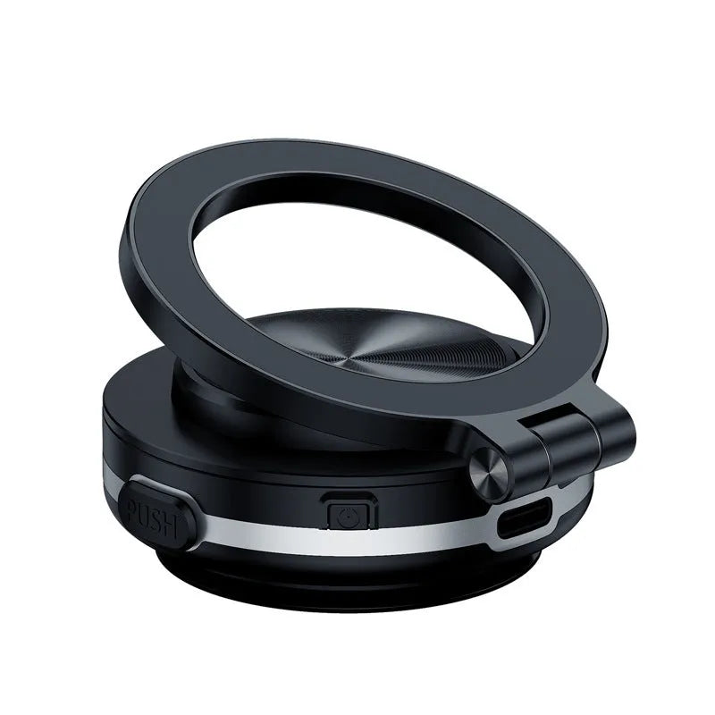 Magnetic vacuum adsorption car phone holder in black, silver, and pink colours shown on a car dashboard.