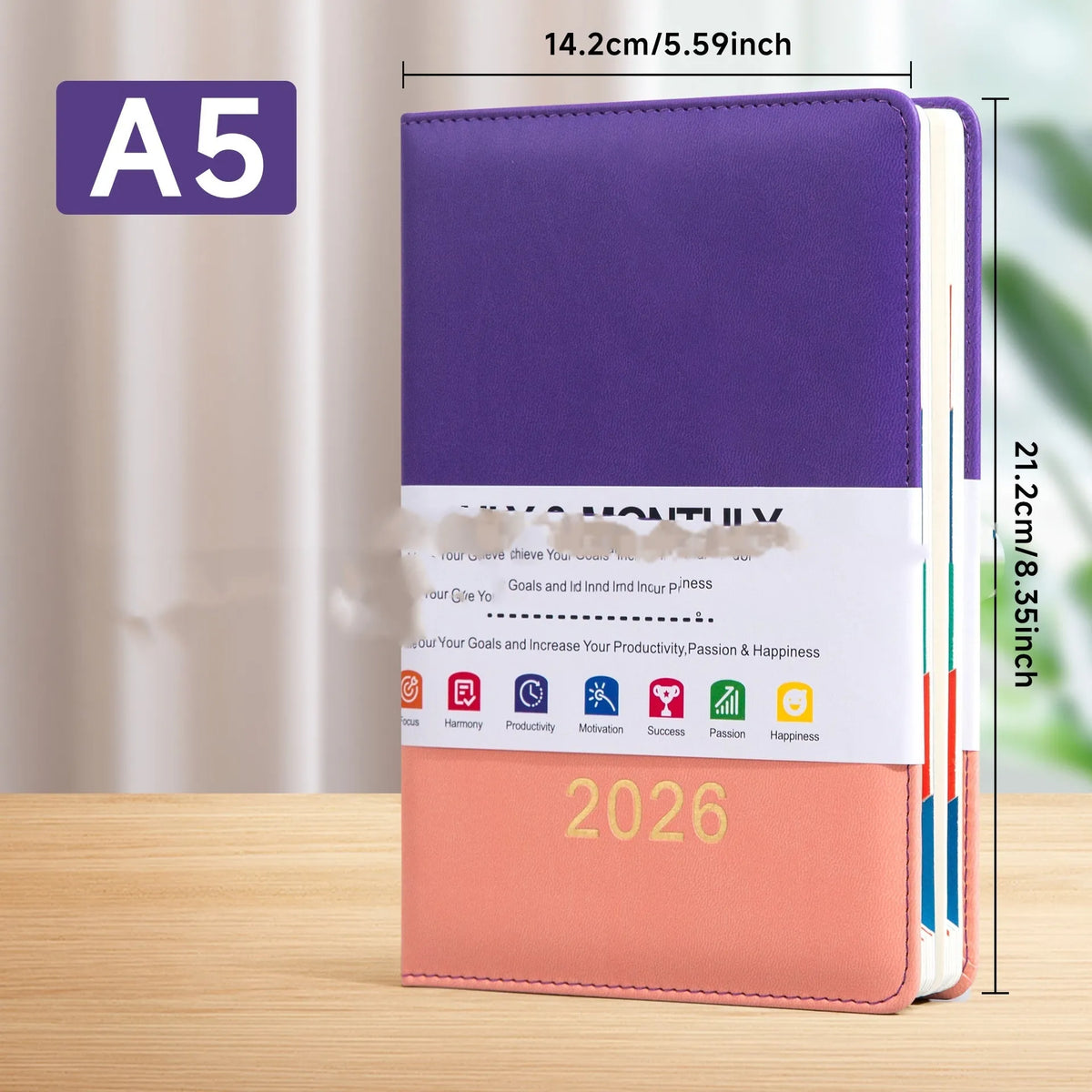 A5 English schedule book with waist seal, imitation leather cover, open to daily page