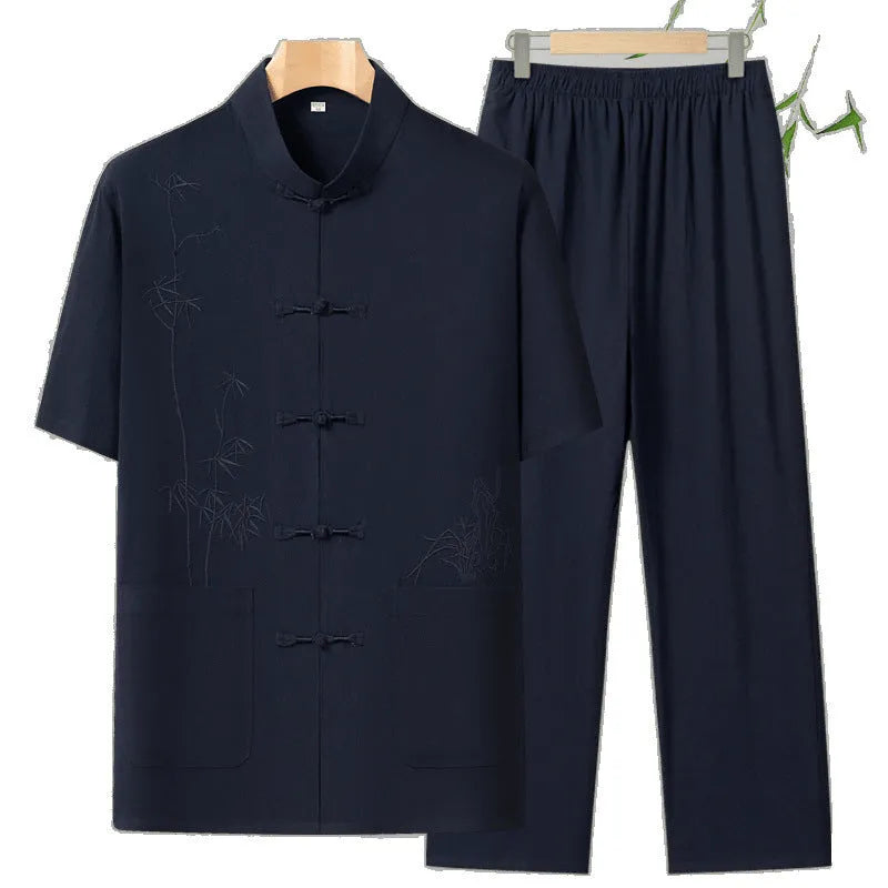 Men's cotton short-sleeved summer leisure suit in multiple colours with two-piece design