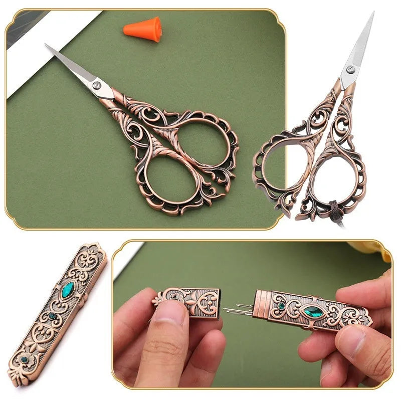 Retro walking in the waves sewing tool set boxed with stainless steel scissors and awl in gold