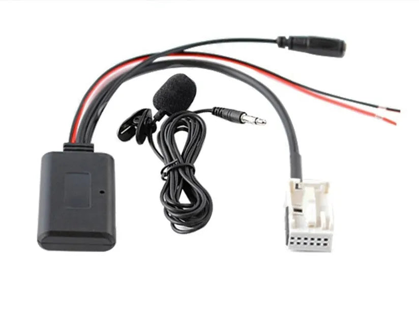 Bluetooth audio interface cable for Citroen and Peugeot RD4 car stereos with a connector and wiring.