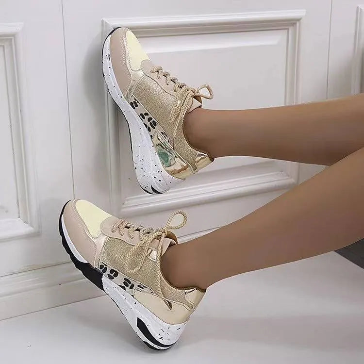 Women's lace up wedge flat sneakers in beige, round toe, artificial PU upper, side view