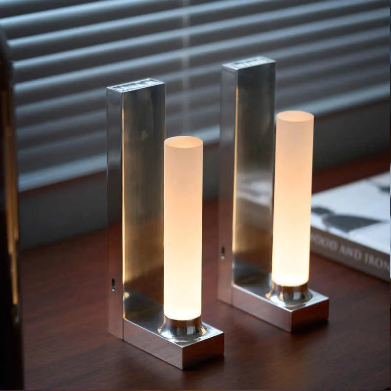 LED table lamp bookend in polished aluminium wood colour, 260mm tall, with acrylic and aluminium body and Type-C charging