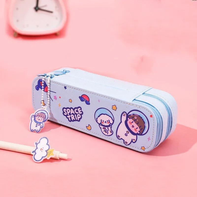Ins cartoon pencil case with double-layer design in cute astronaut motif, made from PU material, available in various colours