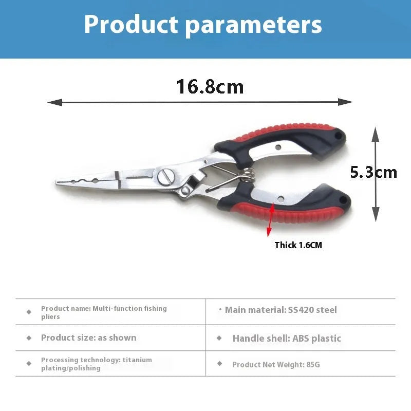 Straight mouth fishing pliers with hook tool, red ABS plastic handle, on a nylon bag with strap.