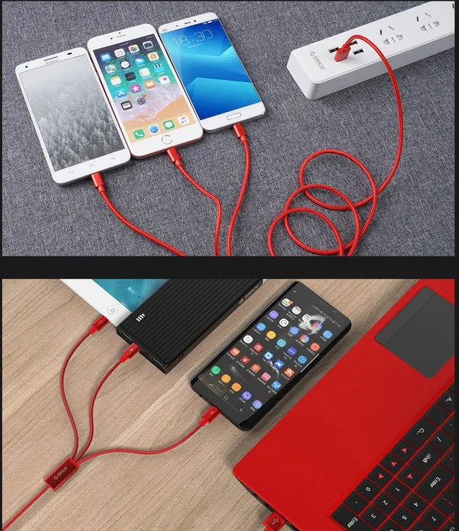 Universal three-in-one mobile phone charging cable with Type-C, Micro USB, and Lightning connectors in nylon braid