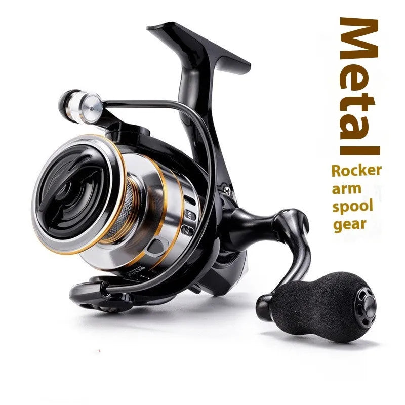 All-metal spinning fishing reel with EVA grip handle, shown in silver finish