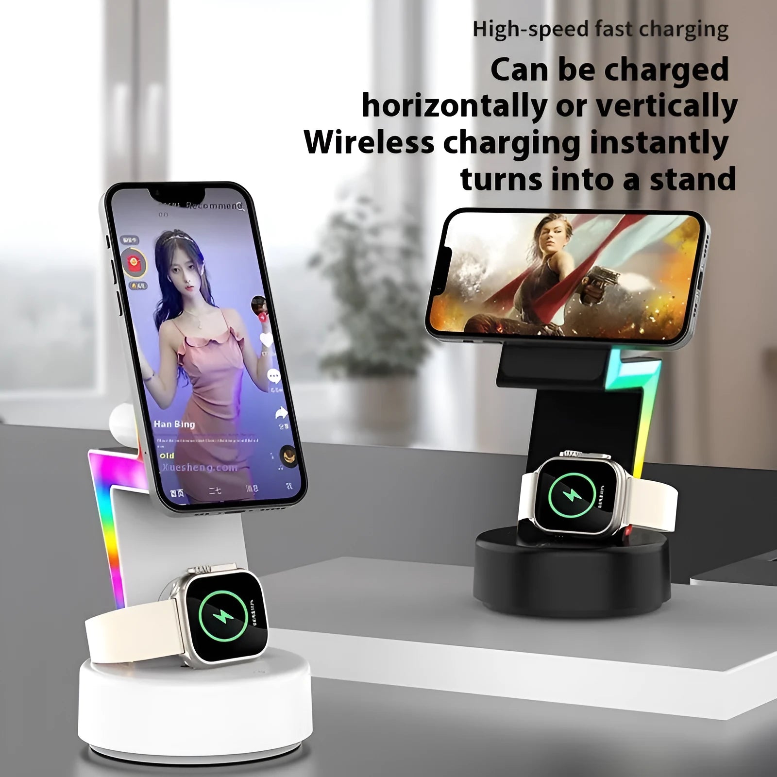 Lightning three-in-one wireless charger for mobile phone watch and headset in black finish