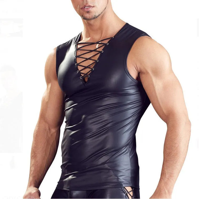 Men's plus size tight fit sleeveless vest in black cotton blend fabric