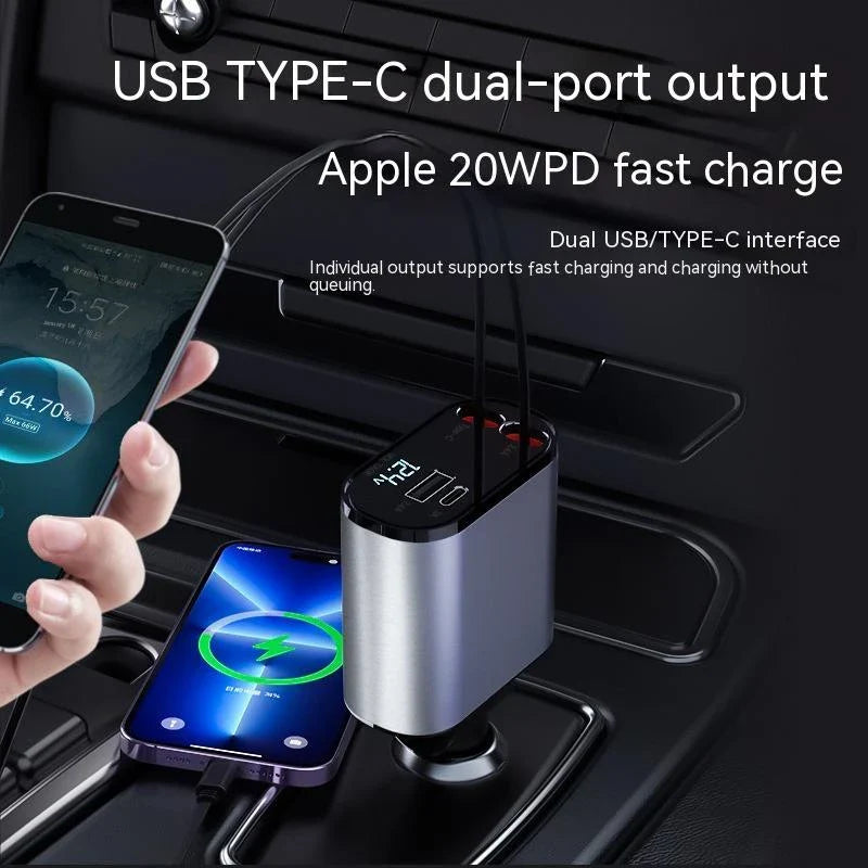 100W metal car charger with dual USB and USB-C ports, featuring fast charging, adjustable swivel design, and retractable cable for convenient in-car use