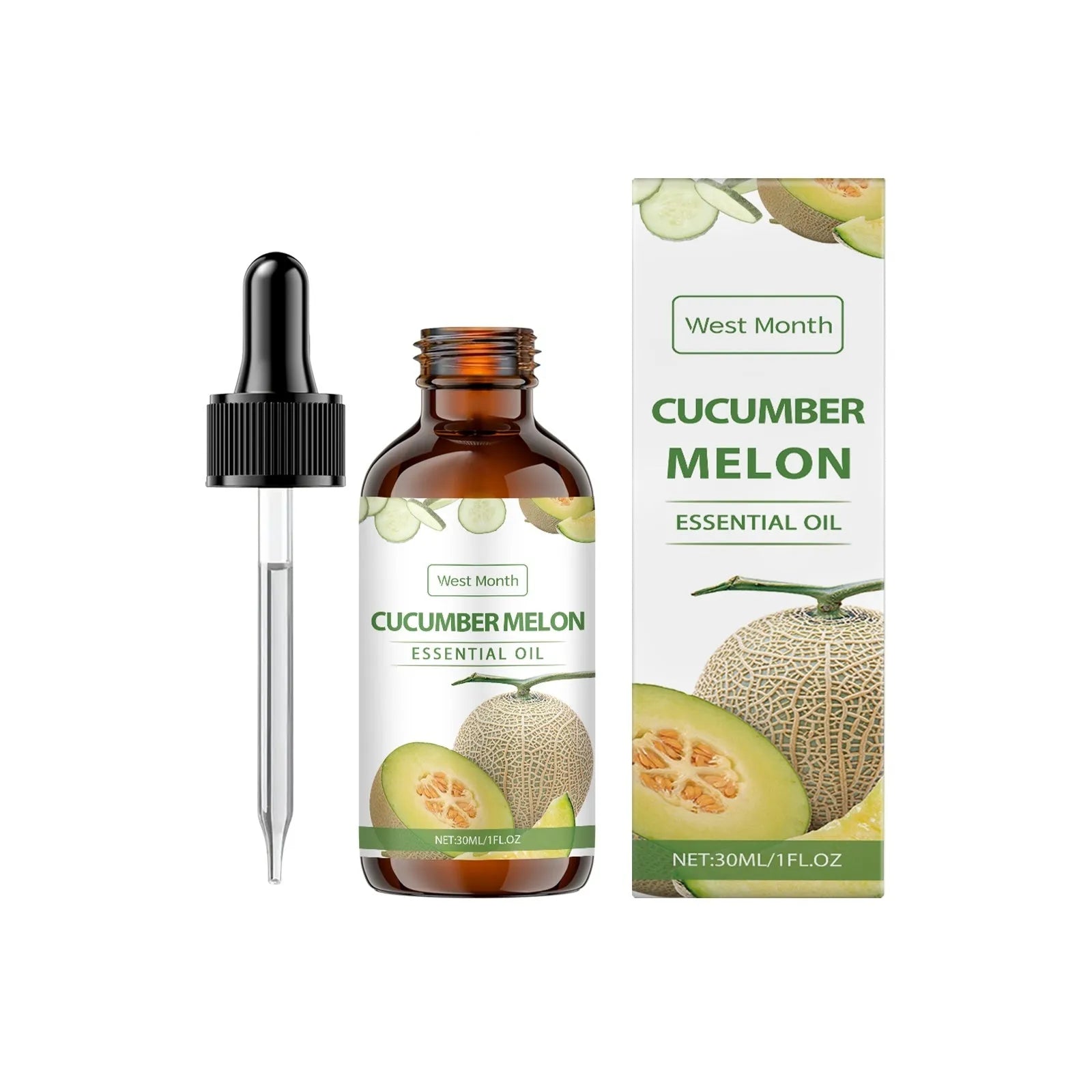Bottle of Cucumber Melon Essential Oil, a nursing oil with glycerin, cucumber and melon extracts.