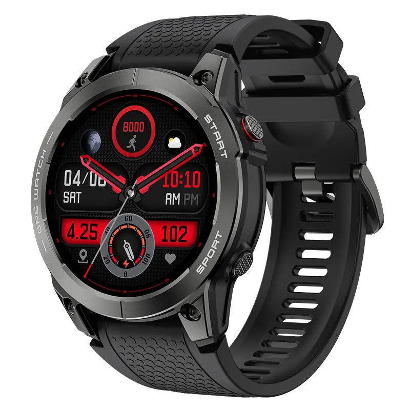 Black S53 outdoor GPS smart watch with zinc alloy frame and silicone band on a wrist.