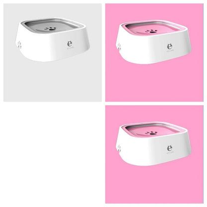 Spill-proof floating pet water bowl with slow feeder design, available in various colors and sizes