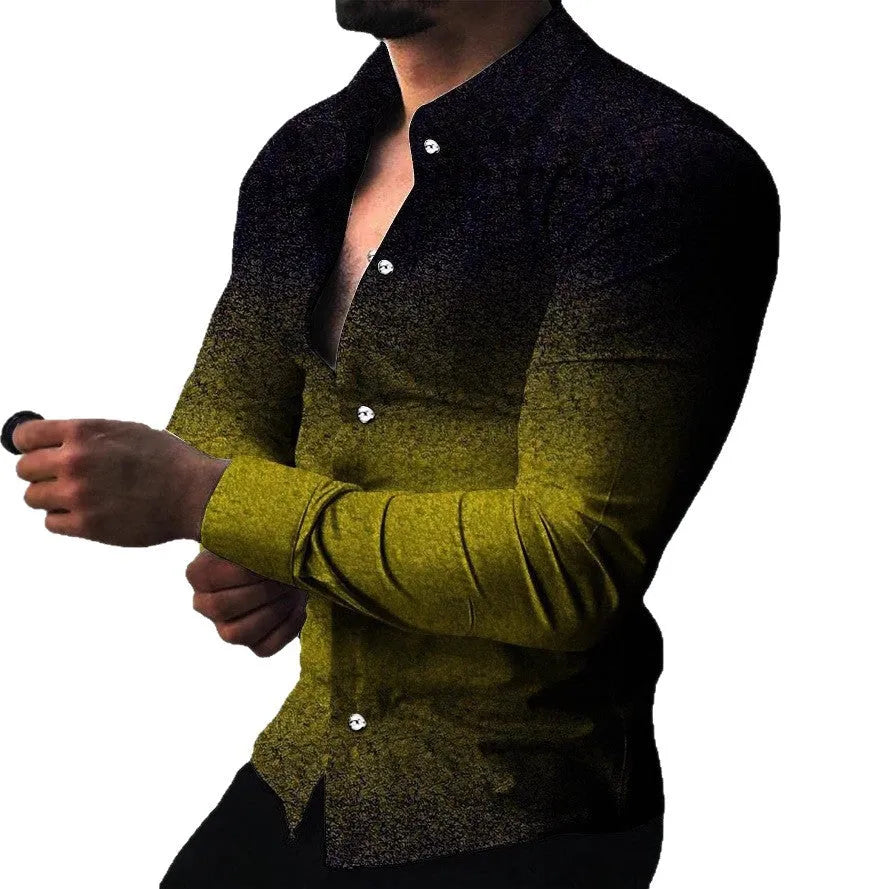 Men's slim fit gradient cardigan in blue with long sleeves and button front, shown on model