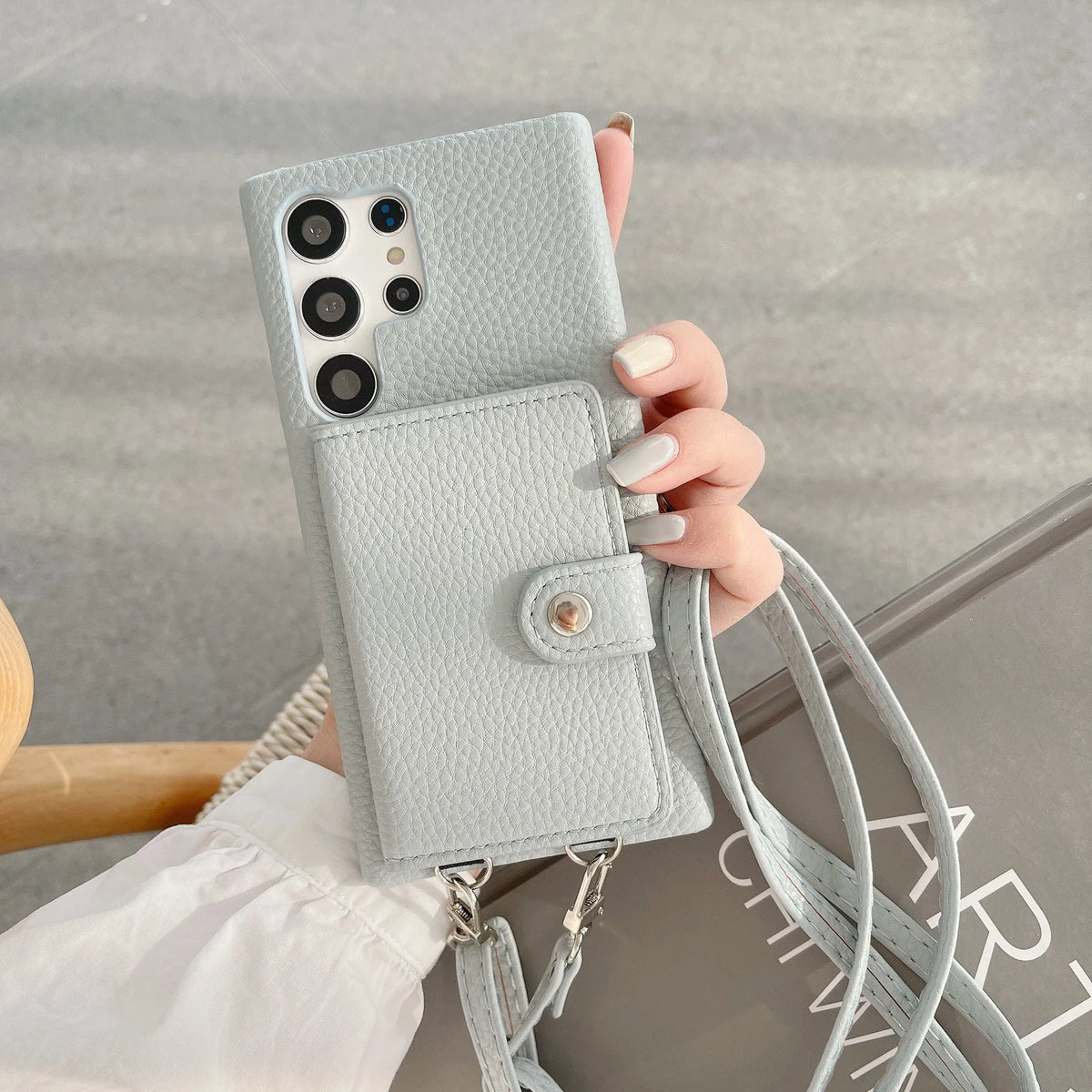 S23 Ultra lychee pattern crossbody phone case with card slots in black, left and right open PC leather cover