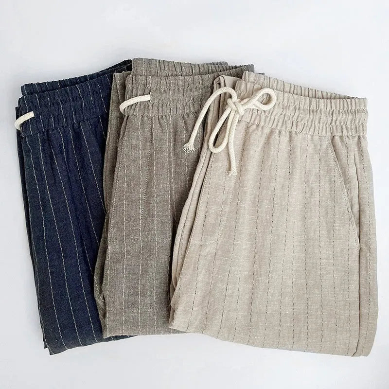 Men's striped linen summer trousers in cropped length with cotton-linen blend fabric