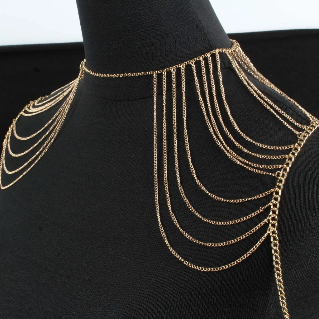Fashion simple multi-layer body chain for women in gold electroplated alloy, styled as shoulder jewellery