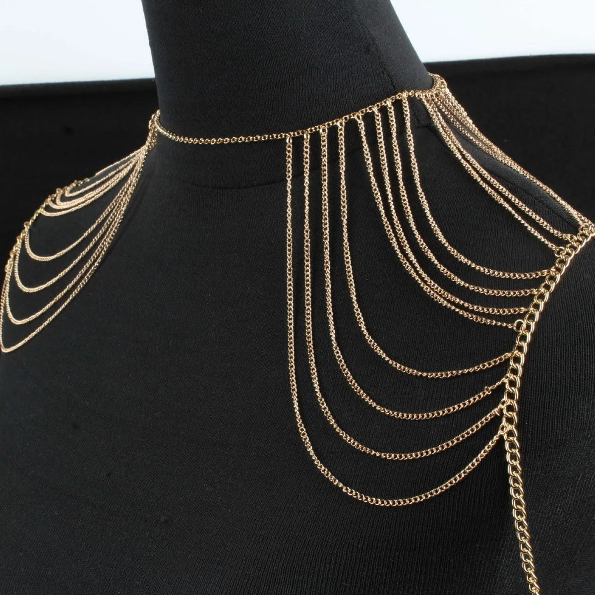 Fashion simple multi-layer body chain for women in gold electroplated alloy, styled as shoulder jewellery