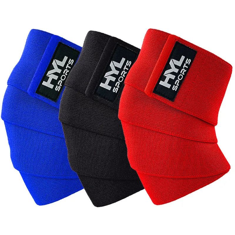 High elastic nylon knee pad in black with winding bandage design for weightlifting squat gym support