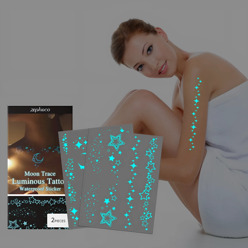 Luminous tattoo stickers set with two glow-in-the-dark designs and tattoo paste tube