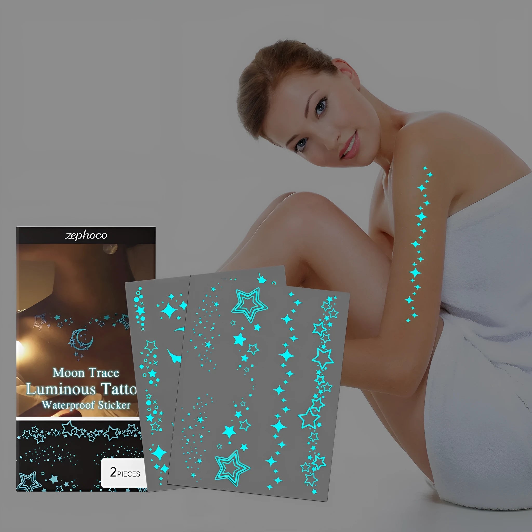 Luminous tattoo stickers set with two glow-in-the-dark designs and tattoo paste tube