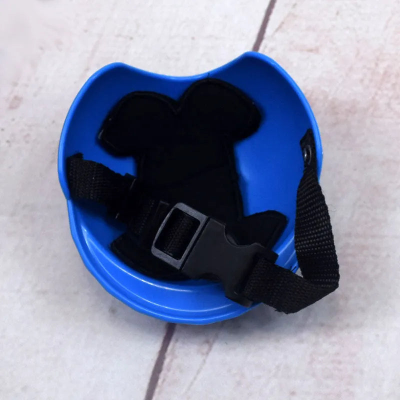 Plastic dog motorcycle helmet in pink colour showing size options for small medium large dogs