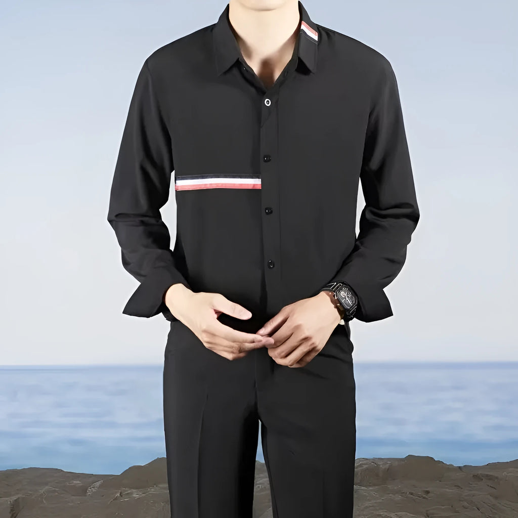 Hong Kong style loose fit casual shirt in polyester blend fabric with non-ironing feature