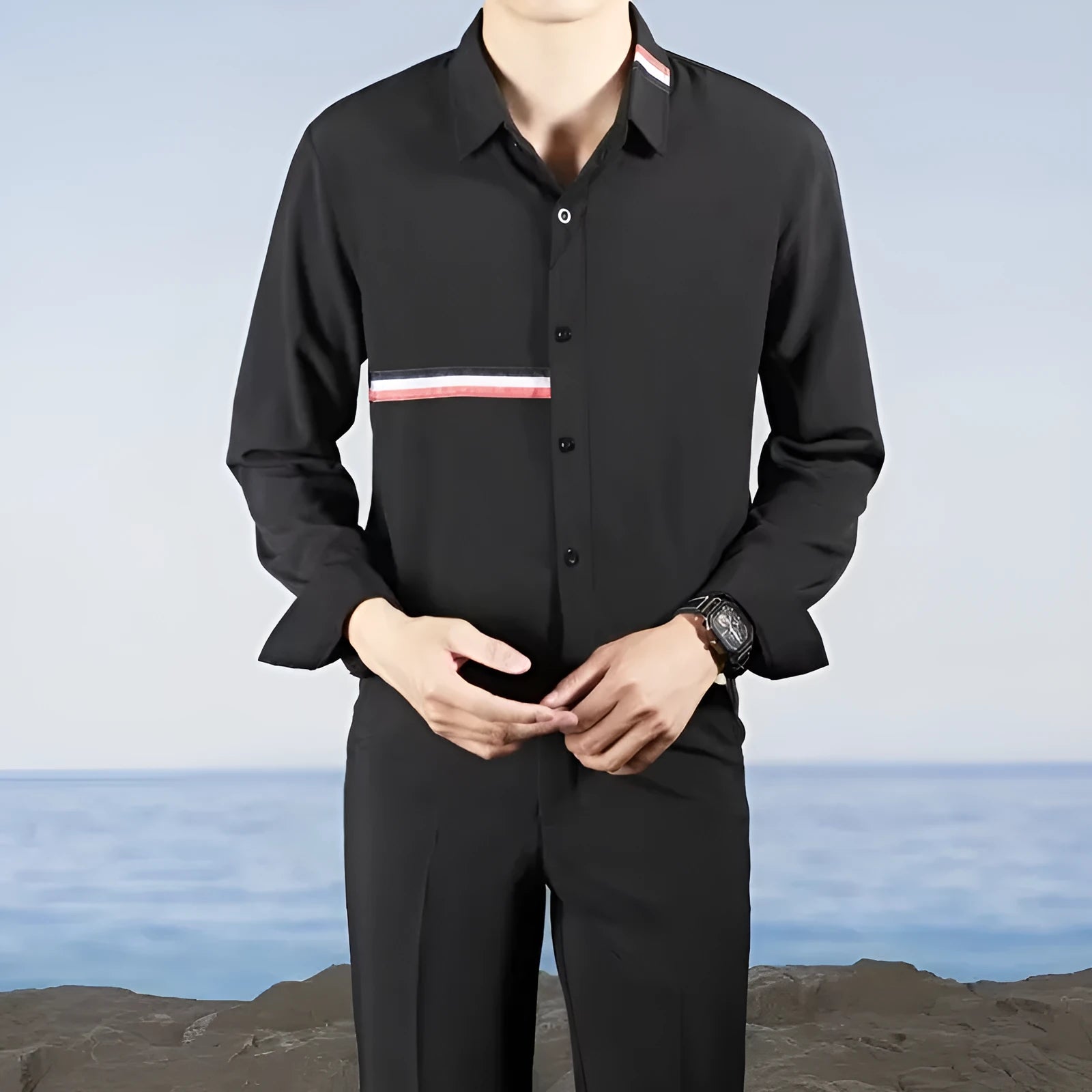 Hong Kong style loose fit casual shirt in polyester blend fabric with non-ironing feature