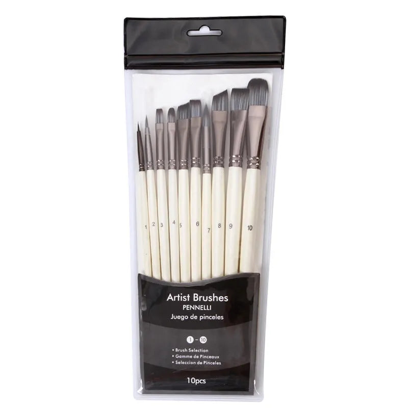 10 pearl white nylon watercolour brushes with wood handles in PVC packaging