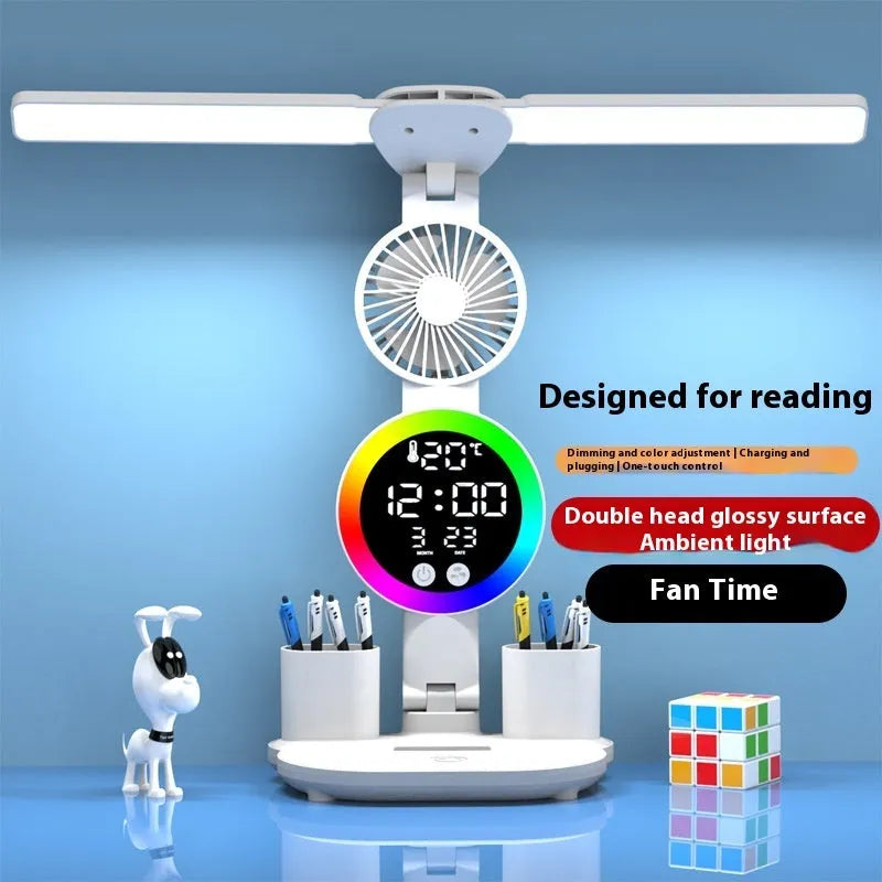 LED student rechargeable desk lamp with clock display, USB cable, and modern white finish on a desk.