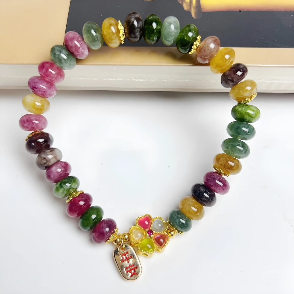 Women's colourful tourmaline abacus bead bracelet with artificial crystal components
