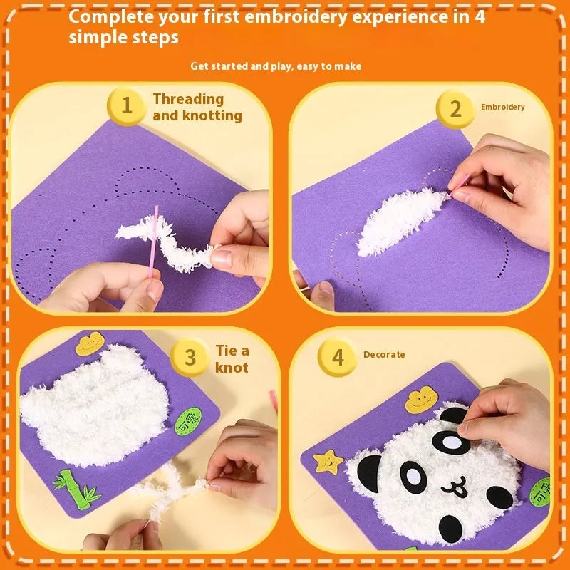 Children's cartoon animal wool embroidery painting DIY set with cloth base, 15x5cm, featuring bear and bunny designs