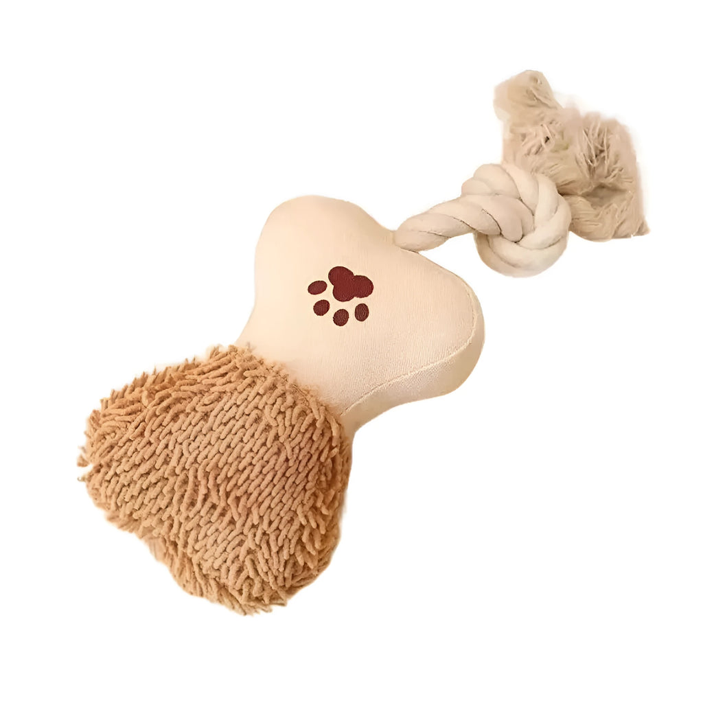 Pet cotton rope toy in bone shape with sound element and canvas covering for dog dental care