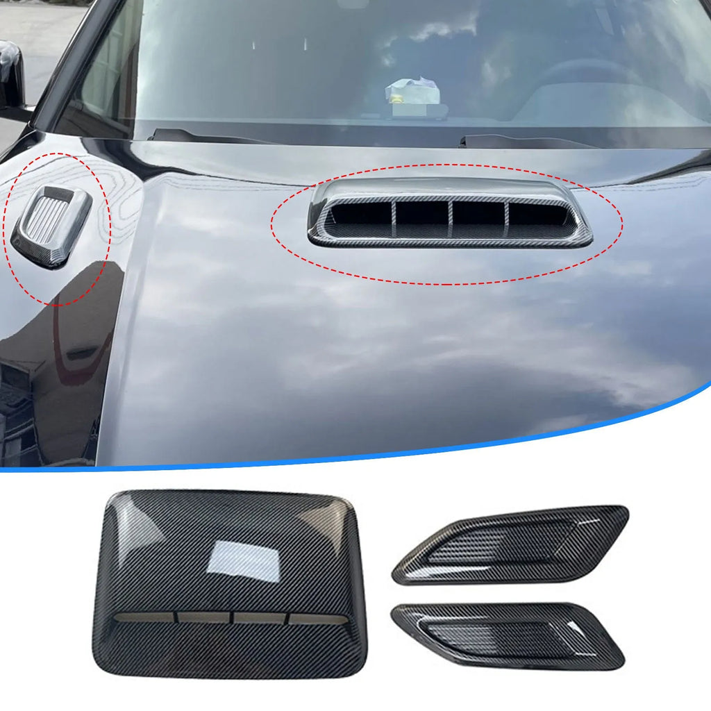 ABS plastic car engine cover and side air vent decorative shroud set in black and carbon fibre finishes
