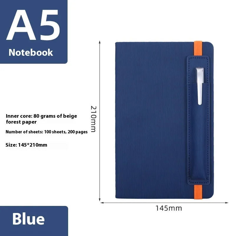 A5 faux leather notebook in blue with strap and pen insert, 200 pages, lying flat