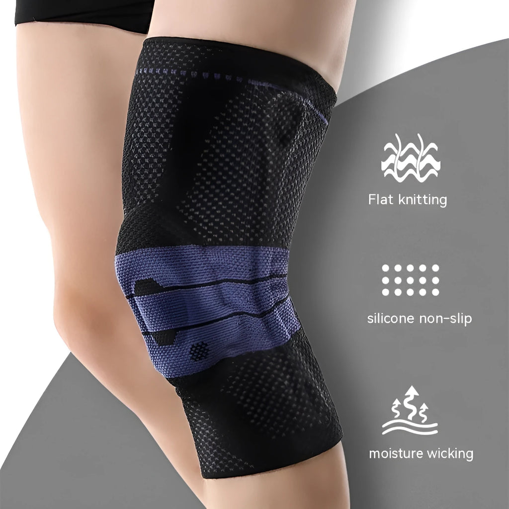 Adult sports knee pad in black and blue colour, made from nylon and spandex, shown on a knee.