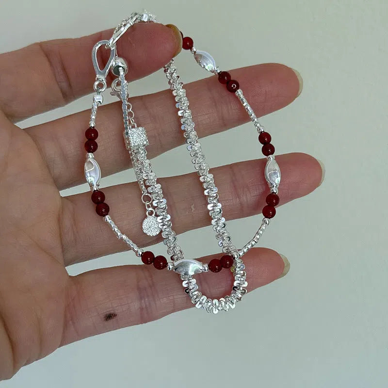 925 sterling silver bracelet with red agate carved round beads, geometric women's ins style, colour B6985 or B3050