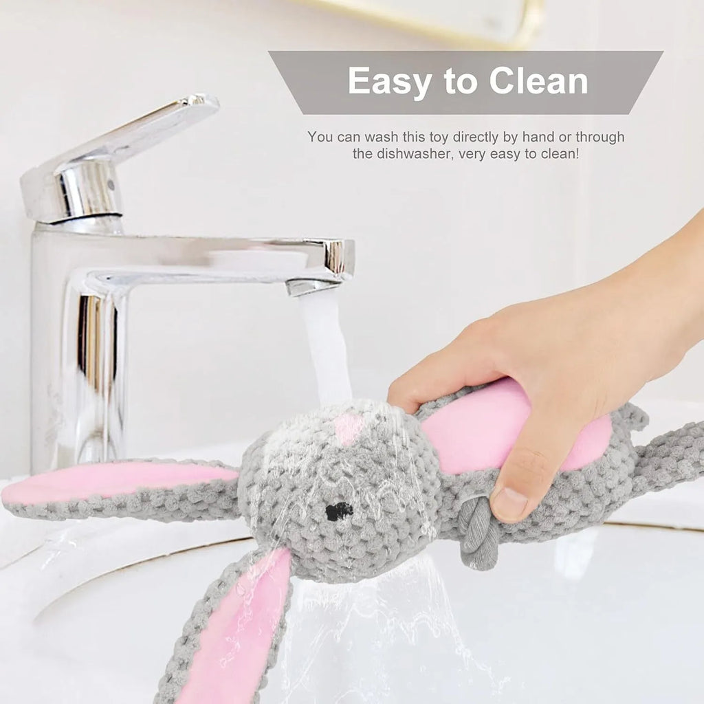 Plush animal dog toy with crinkle paper, squeaker, and cotton rope handles for small dogs.
