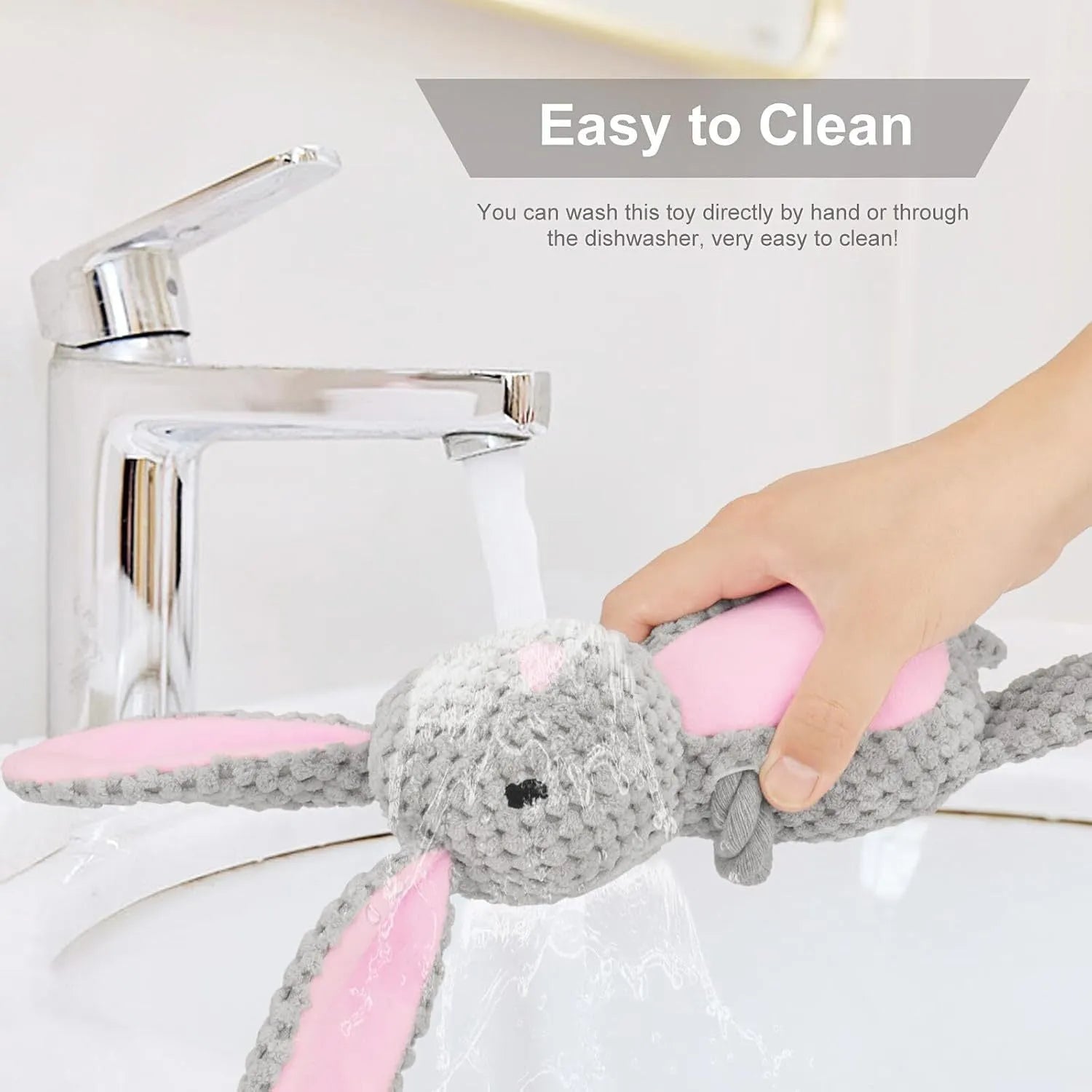 Plush animal dog toy with crinkle paper, squeaker, and cotton rope handles for small dogs.
