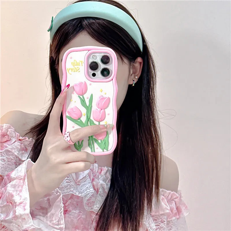 3D tulip silicone phone case with frosted finish and fall protection, in pink or colour matching for iPhone models
