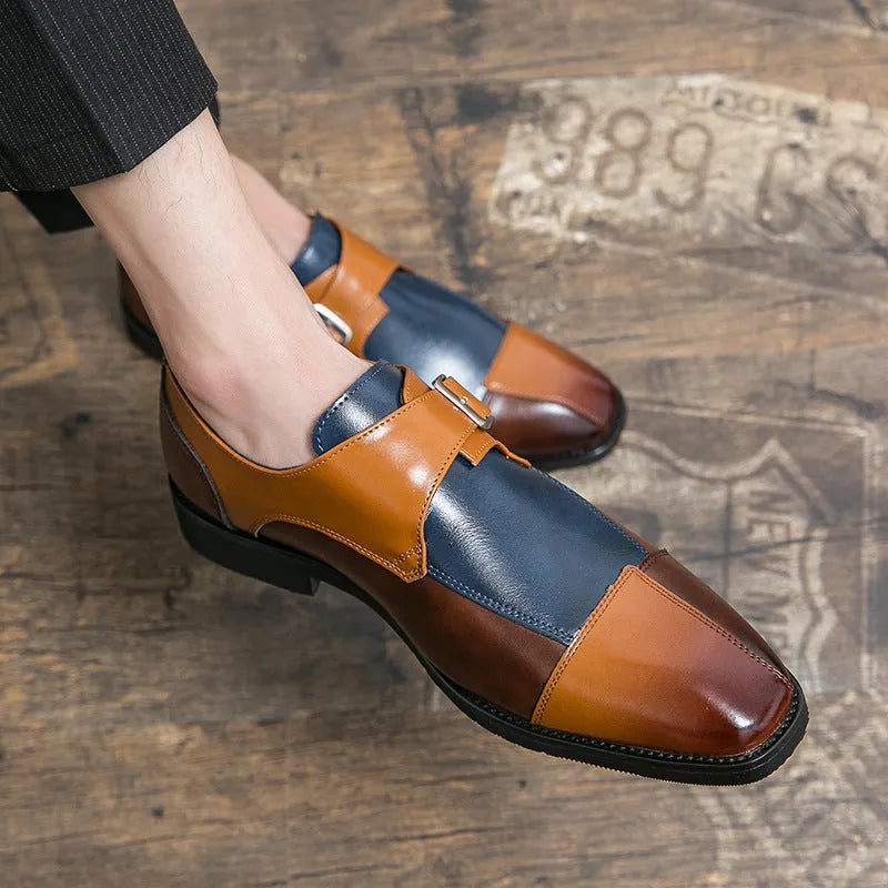 Men's brown blue retro buckle casual leather shoes with tall crown height on a plain background.