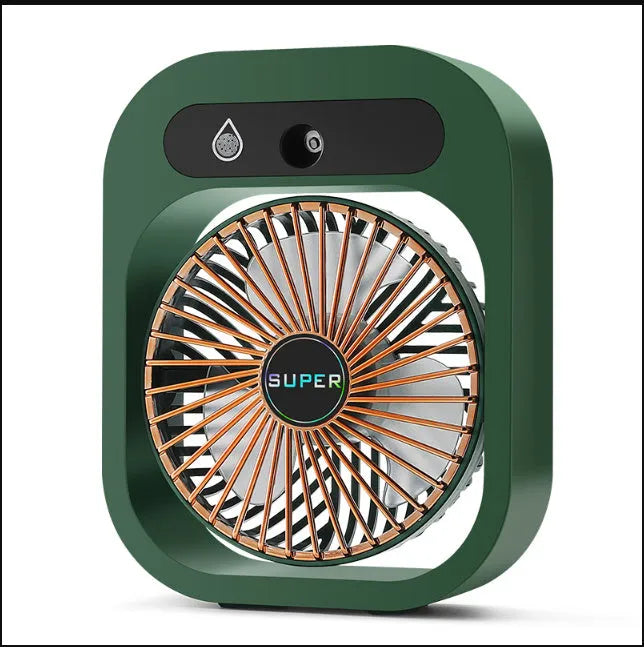 Green and white USB portable misting fan humidifier on a desk showing adjustable vent and water tank.