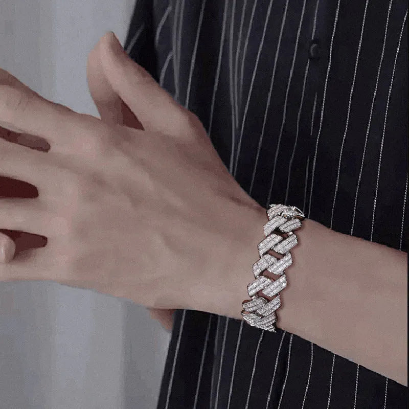 Men's zircon rhombic Cuban chain bracelet, copper with gold electroplated finish on white background