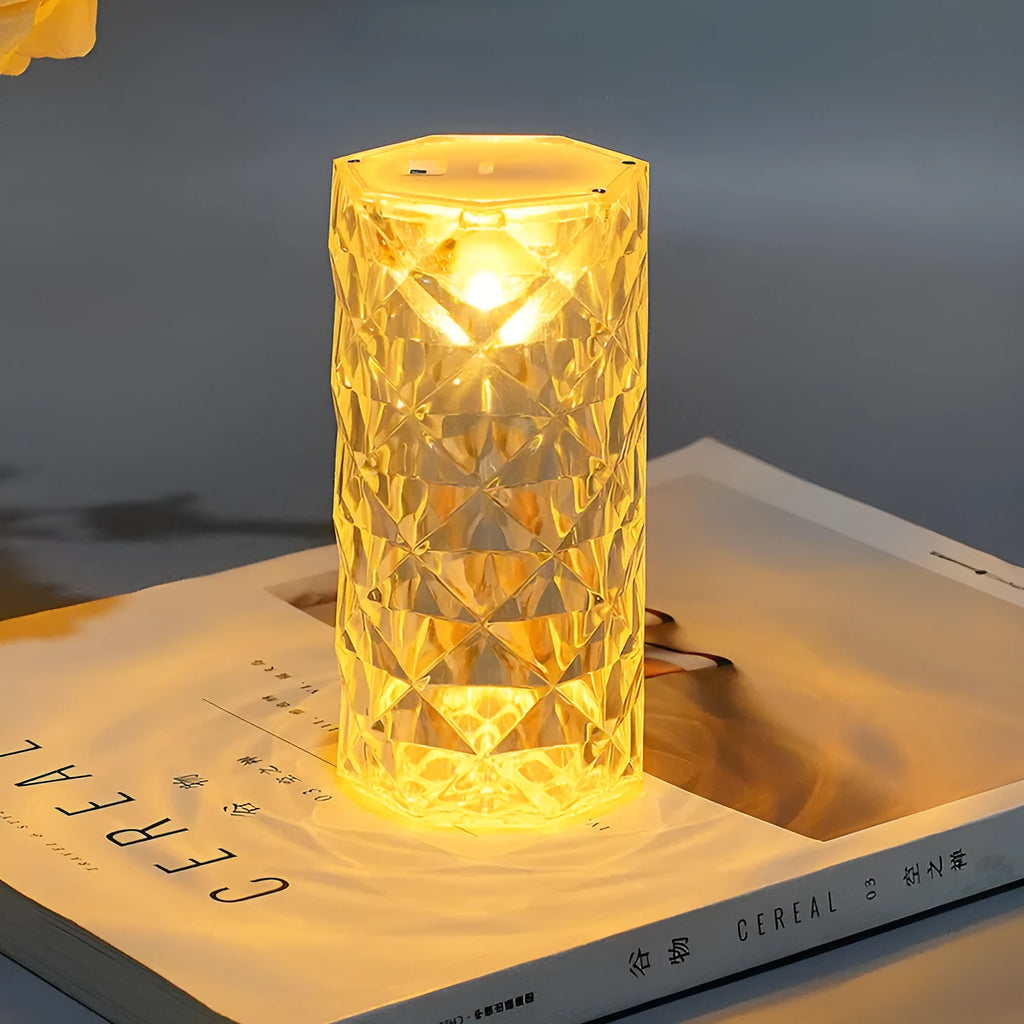 Battery-powered rose atmosphere crystal table lamp with plastic lampshade, 6cm base, 12cm high, yellow and white light options