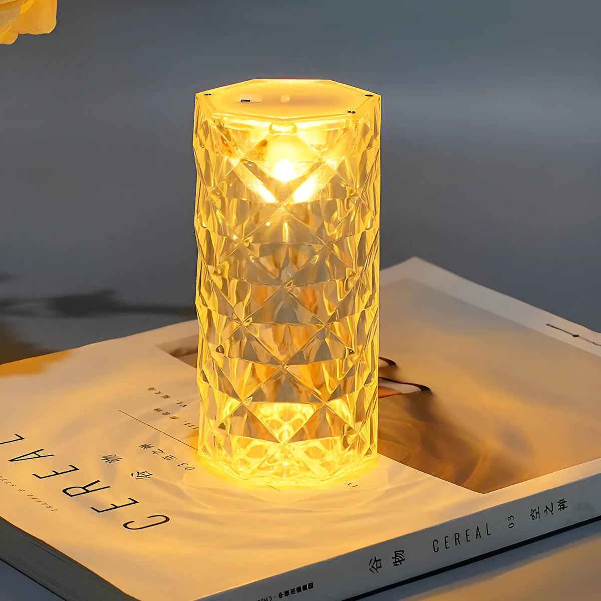 Battery-powered rose atmosphere crystal table lamp with plastic lampshade, 6cm base, 12cm high, yellow and white light options