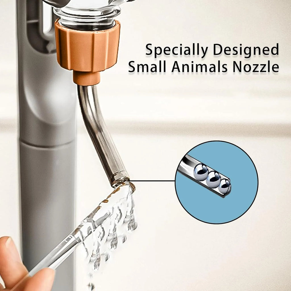 Blue small animal water bottle with rotatable nozzle and stainless steel ball valve for cage mounting