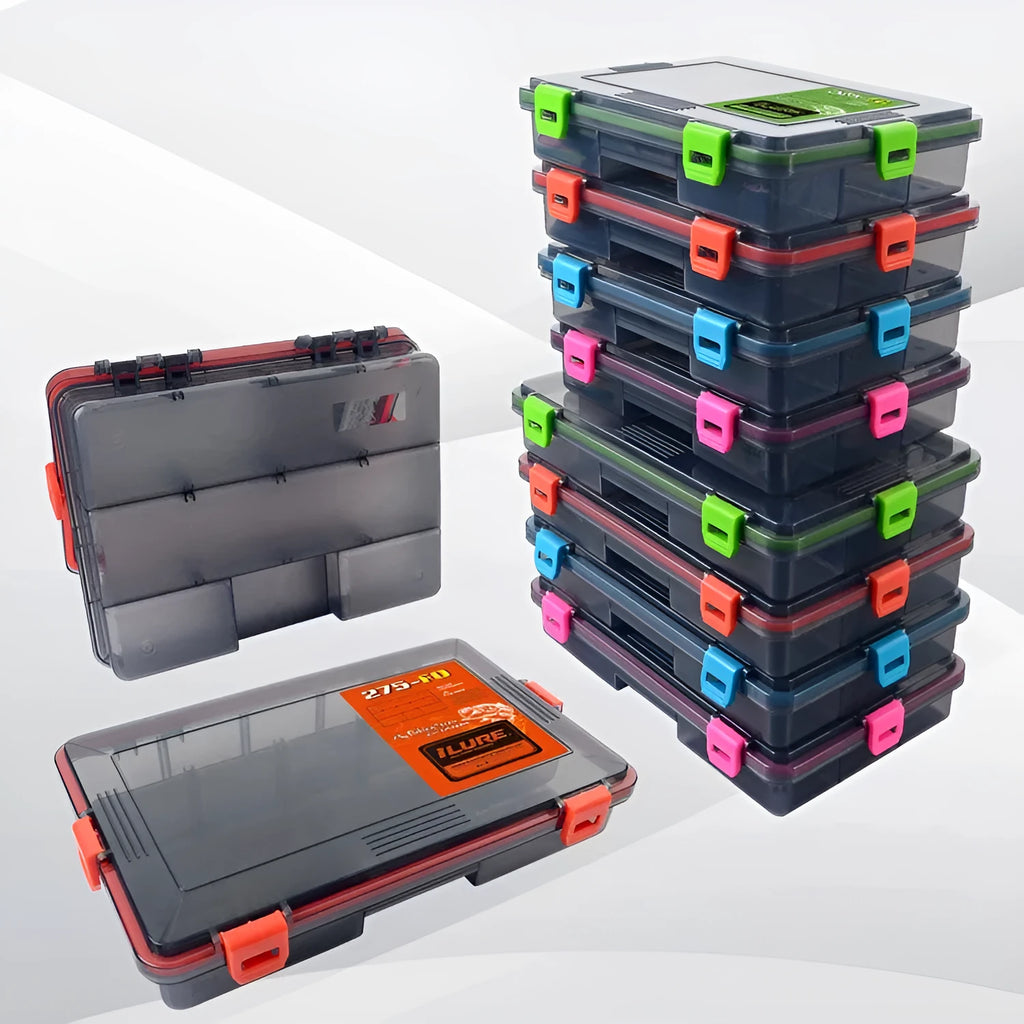 Luya fishing lure bait storage box in durable clear plastic, shown in blue, green, orange, and pink colour options.