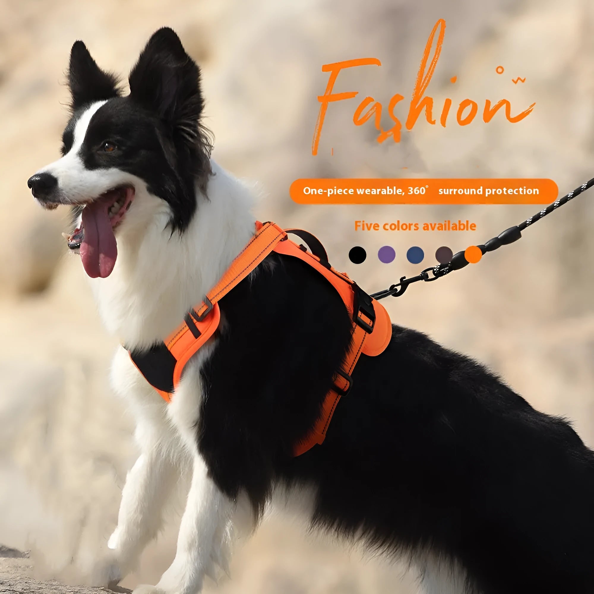 Explosion-proof reflective dog harness with an attached hand-holding rope in orange colour.