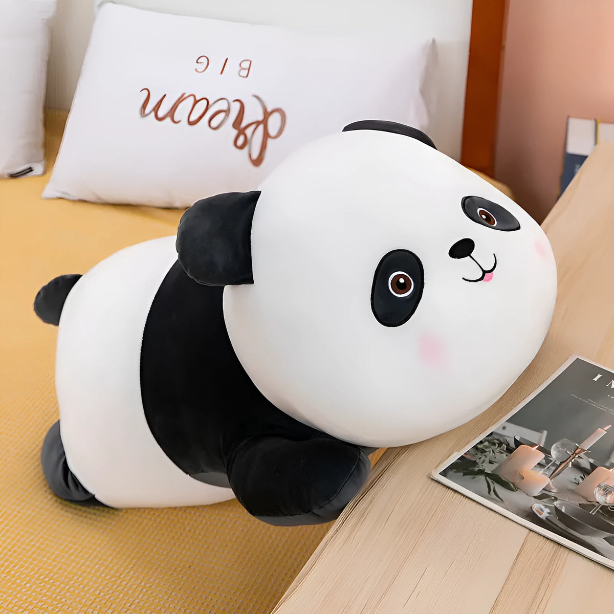 Panda plush toy with down cotton filling and spandex cover, available in 45cm, 60cm, and 80cm heights.